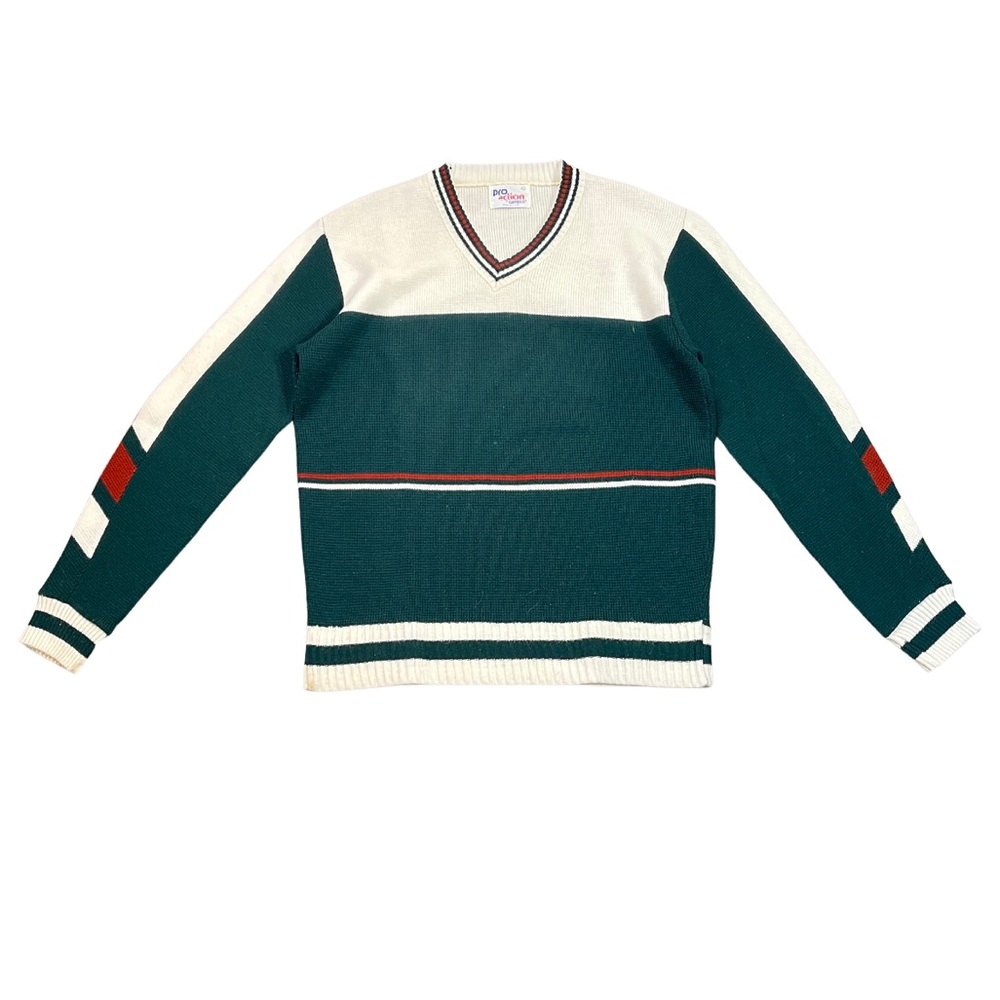 Vintage Pro Action Knit V Neck Sweater By Campus 70s Cream Green Red